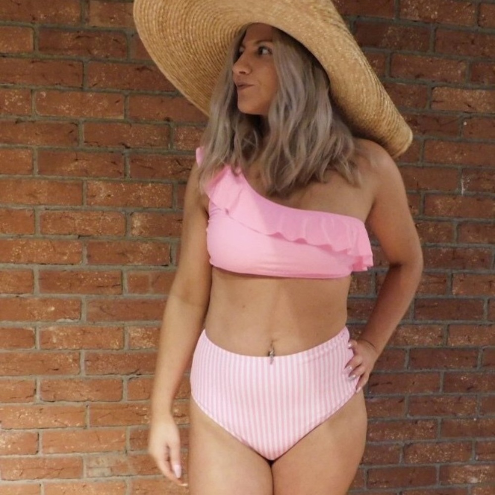 Bombshell Resort Bound Pink Two Piece One Shoulder High Waist Swimsuit